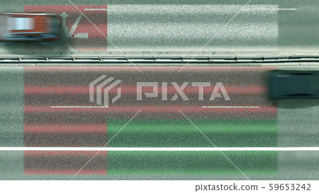 Aerial top down view of cars revealing flag of Oman on the road. Traveling related conceptual 3D Aerial top down view of cars revealing flag of Oman on the road. Traveling related conceptual 3D 59653242