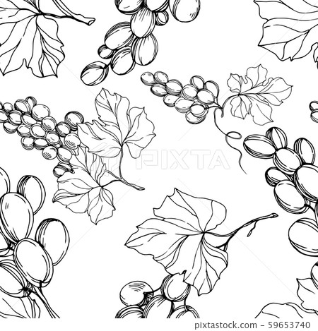 Grape berry healthy food. Black and white engraved ink art. Seamless background pattern. 59653740