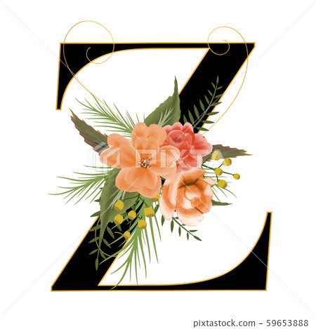Alphabet with flowers, letter Z with flowers and leaves hand drawn on paper. Illustration alphabet Decoration for invites card and other concept ideas.	 59653888
