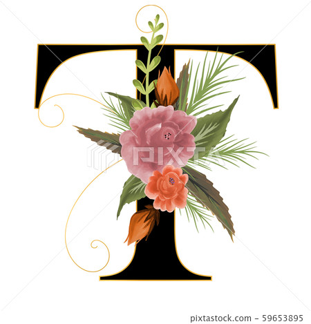 Alphabet with flowers, letter T with watercolor flowers and leaves hand drawn on paper. Illustration alphabet Decoration for invites card and other concept ideas.	 59653895