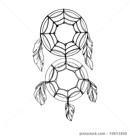 Vector Fether dreamcatcher. Black and white engraved ink art. Isolated dream catcher illustration Vector Fether dreamcatcher. Black and white engraved ink art. Isolated dream catcher illustration 59653898