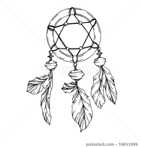 Vector Fether dreamcatcher. Black and white engraved ink art. Isolated dream catcher illustration Vector Fether dreamcatcher. Black and white engraved ink art. Isolated dream catcher illustration 59653899