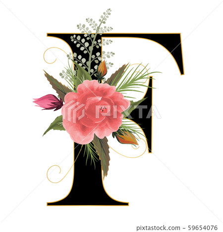 Alphabet with flowers, letter F with watercolor flowers and leaves hand drawn on paper. Illustration alphabet Decoration for invites card and other concept ideas. 59654076