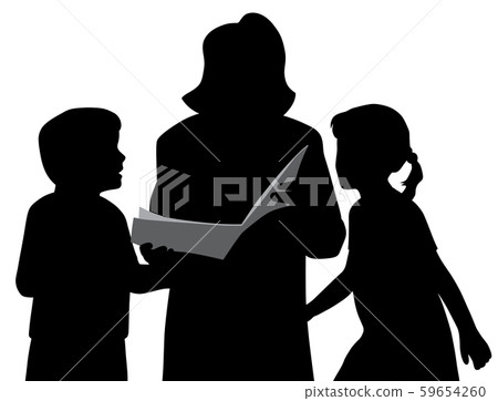 Mother or grandmother is reading a book to kids Mother or grandmother is reading a book to kids 59654260