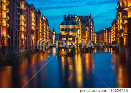 Hamburg city old port in blue hour, Germany, Europe. Historical famous warehouse district with 59654750
