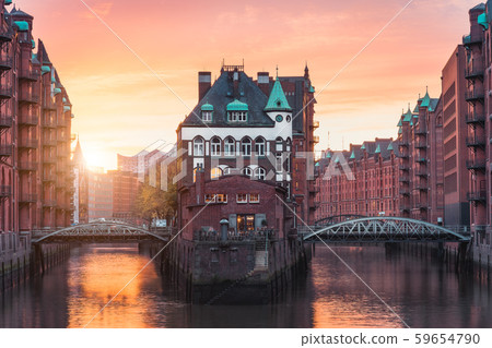 Hamburg city old port, Germany, Europe. Historical famous warehouse district with water castle 59654790