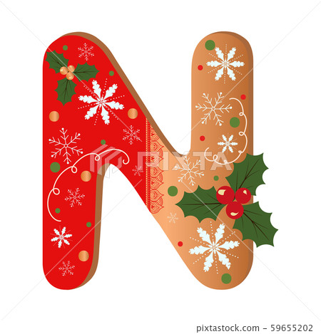 Cookie alphabet gingerbread, Letter N cookie alphabet with Christmas flowers and snowflakes. Illustration Cookie 59655202