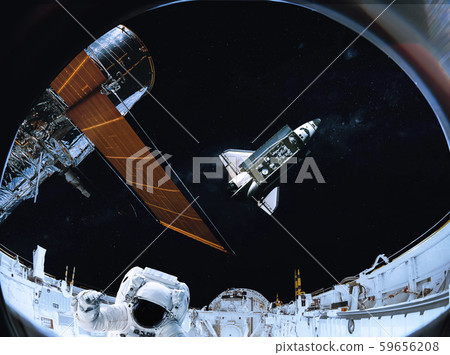 Satellite telescope near Space shuttle with astronaut in space 59656208