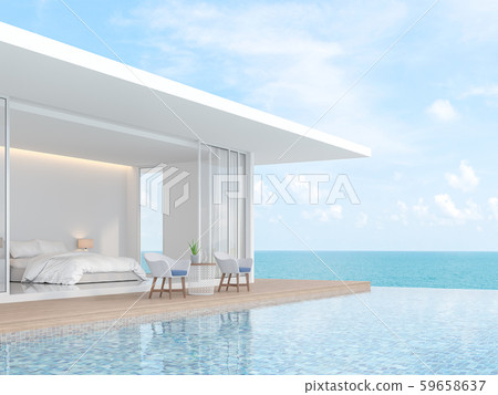 Modern white pool villa with sea view 3d render - Stock Illustration ...