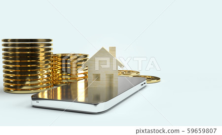 The home wood on smartphone and gold coin 3d rendering for property content. 59659807