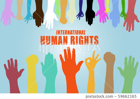 International Human Rights Day concept, Illustrator vector multi color hand on blue background 59662165