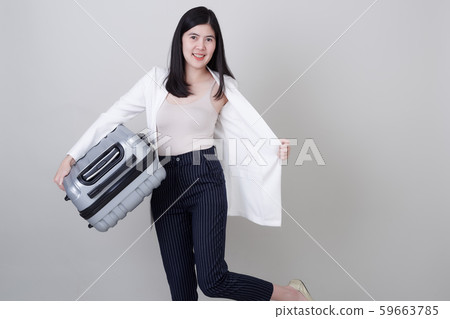 Young Asian woman tourist with luggage to travel Young Asian woman tourist with luggage to travel 59663785
