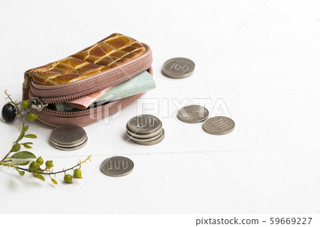 yellow wallet with coins small change arrangement flat lay style yellow wallet with coins small change arrangement flat lay style 59669227