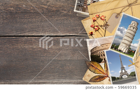 Vintage travel background with retro photos 59669335