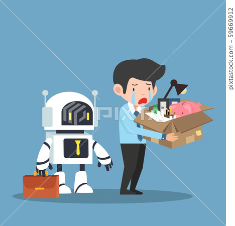Sad businessman Replacement of job by robot Sad businessman Replacement of job by robot 59669912