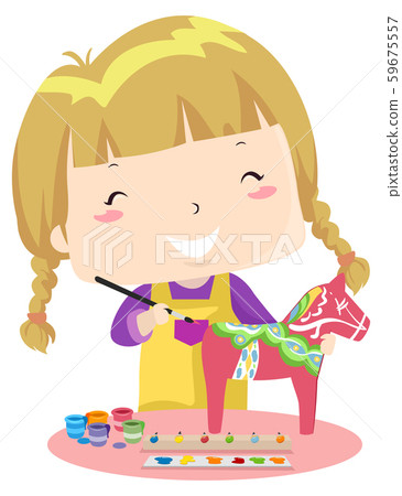 Kid Girl Paint Wooden Horse Sweden Illustration 59675557