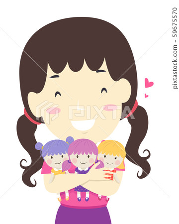 Kid Girl Hug Three Dolls Illustration 59675570