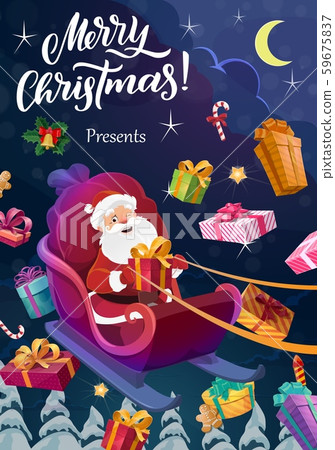 Santa with Christmas gifts flying on sleigh Santa with Christmas gifts flying on sleigh 59675837