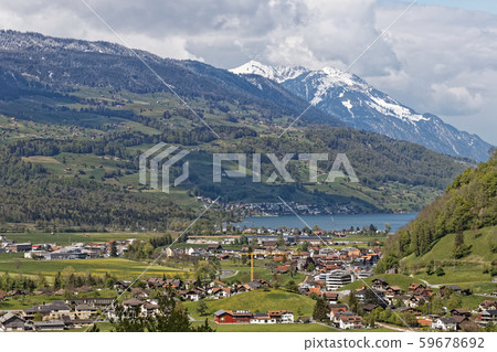 Giswil cityscape and Lake Sarner Switzerland from Giswil service area 59678692