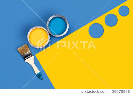 Two-toned background with paint jars and brush. Two-toned background with paint jars and brush. 59678908