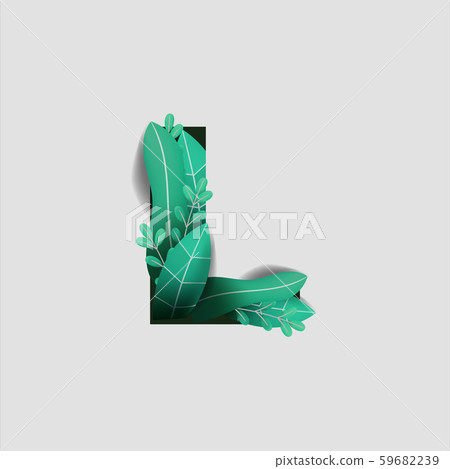 Letter L Paper Cut Style Design With Green Leaf Beautiful Ornament Handcraft White Background. Vector Stock Illustration 59682239
