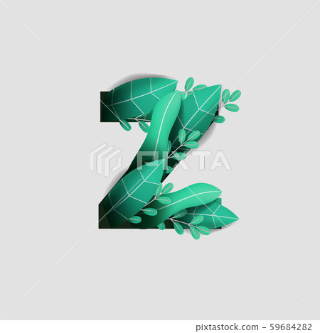 Letter Z Paper Cut Style Design With Green Leaf Beautiful Ornament Handcraft White Background. Vector Stock Illustration 59684282
