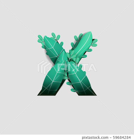 Letter X Paper Cut Style Design With Green Leaf Beautiful Ornament Handcraft White Background. Vector Stock Illustration 59684284