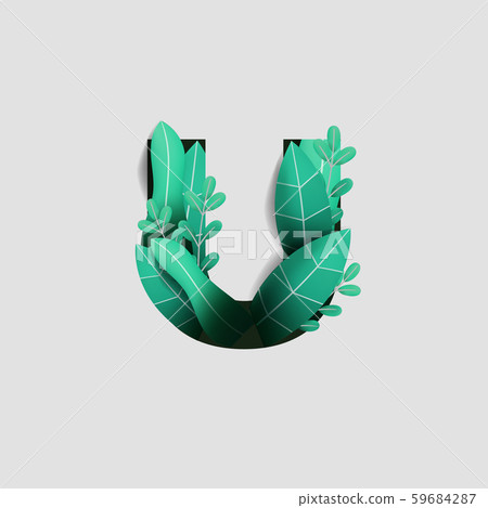Letter U Paper Cut Style Design With Green Leaf Beautiful Ornament Handcraft White Background. Vector Stock Illustration 59684287