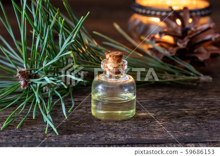 A bottle of pine essential oil with fresh pine branches 59686153