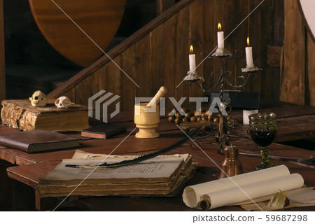 Old scrolls, book and recipe in magical laboratory. Witchcraft Old scrolls, book and recipe in magical laboratory. Witchcraft 59687298