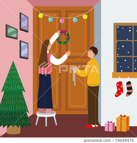 Illustration, christmas, couple, garland 59689478