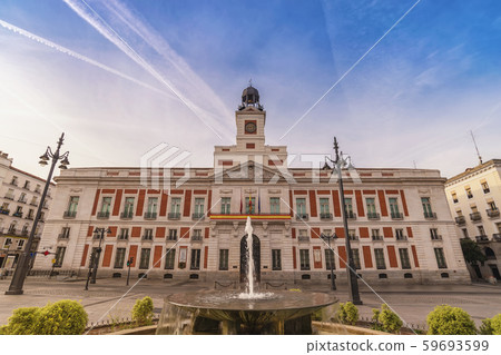 Madrid Spain, city skyline at Puerta del Sol and Clock Tower of Sun Gate 59693599