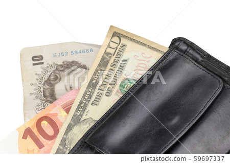 Black wallet with euros, pounds and US dollars Black wallet with euros, pounds and US dollars 59697337