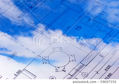 The floor plan of a house blueprint in the sky. The floor plan of a house blueprint in the sky. 59697358