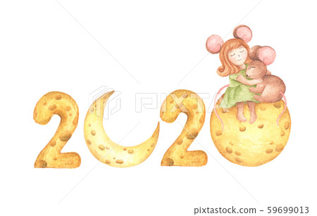 Happy New Year. Cute girl mouse hug a little mouse sitting on the cheese moon and cheese calendar. 59699013
