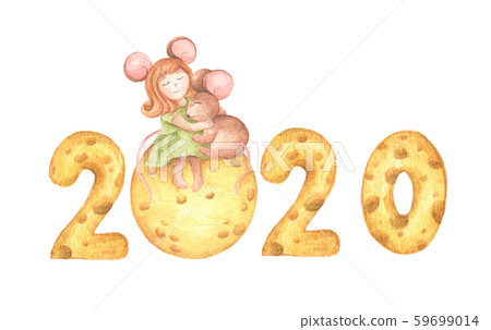 Happy New Year. Cute girl mouse hug a little mouse sitting on the cheese moon and cheese calendar. 59699014