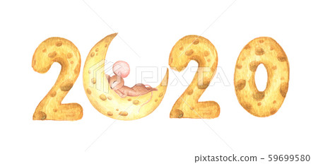 Happy New Year 2020. Cute mouse sleeping on the cheese moon and cheese calendar. 59699580