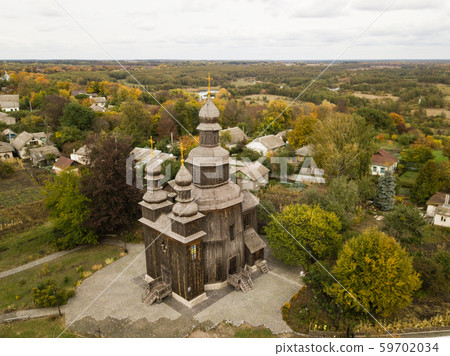 Aerial wooden Cossacks St.George's Church Sedniv Aerial wooden Cossacks St.George's Church Sedniv 59702034