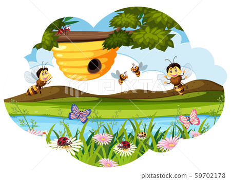 Bees around beehive scene Bees around beehive scene 59702178