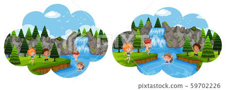 Children going on holiday in waterfall Children going on holiday in waterfall 59702226