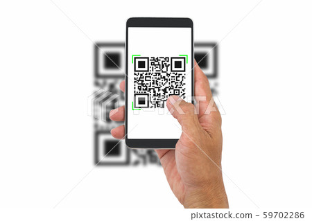 Hand holding smartphone scanning QR code on white background 59702286