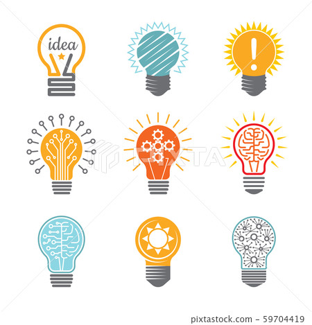 Ideas bulb symbols. Creative tech innovation electrical icon for business logotype vector colorful Ideas bulb symbols. Creative tech innovation electrical icon for business logotype vector colorful 59704419