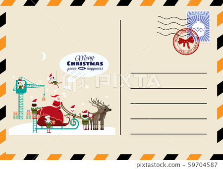 Christmas and New Year Postcard with stamps and mark. Santa sleigh with gifts elves helpers collect Christmas and New Year Postcard with stamps and mark. Santa sleigh with gifts elves helpers collect 59704587