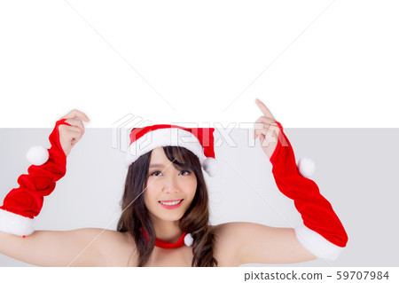 Beautiful young asian Santa woman holding blank Beautiful young asian Santa woman holding blank 59707984