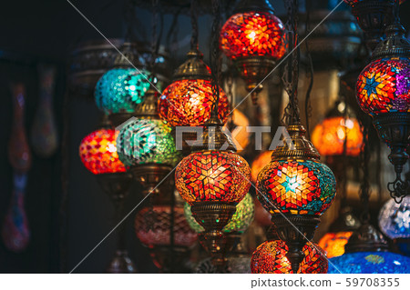 Turkey. Market With Many Traditional Colorful Handmade Turkish Lamps And Lanterns. Lanterns Hanging 59708355