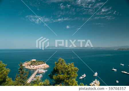 Kusadasi, Aydin Province, Turkey. Top View Of The Pigeon Island. Old 14th-15th Century Fortress On Kusadasi, Aydin Province, Turkey. Top View Of The Pigeon Island. Old 14th-15th Century Fortress On 59708357