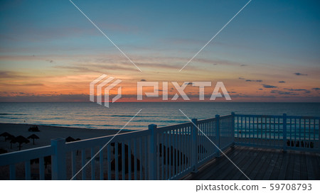 Dawn in the Caribbean Sea. Railing observation deck at sea. Dawn in the Caribbean Sea. Railing observation deck at sea. 59708793