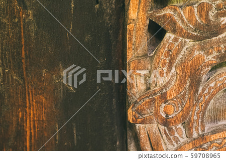 Borgund, Norway. Carved Details Of Famous Wooden Norwegian Landmark Stavkirke. Ancient Old Wooden Borgund, Norway. Carved Details Of Famous Wooden Norwegian Landmark Stavkirke. Ancient Old Wooden 59708965