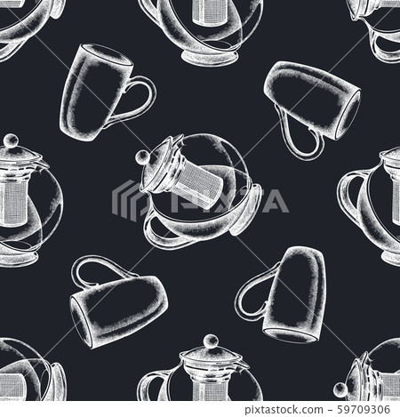 Seamless pattern with hand drawn chalk teapots, cups Seamless pattern with hand drawn chalk teapots, cups 59709306