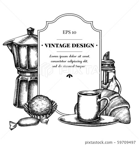 Badge design with black and white candies, croissants and bread, espresso cup, coffee pot, sugar Badge design with black and white candies, croissants and bread, espresso cup, coffee pot, sugar 59709497